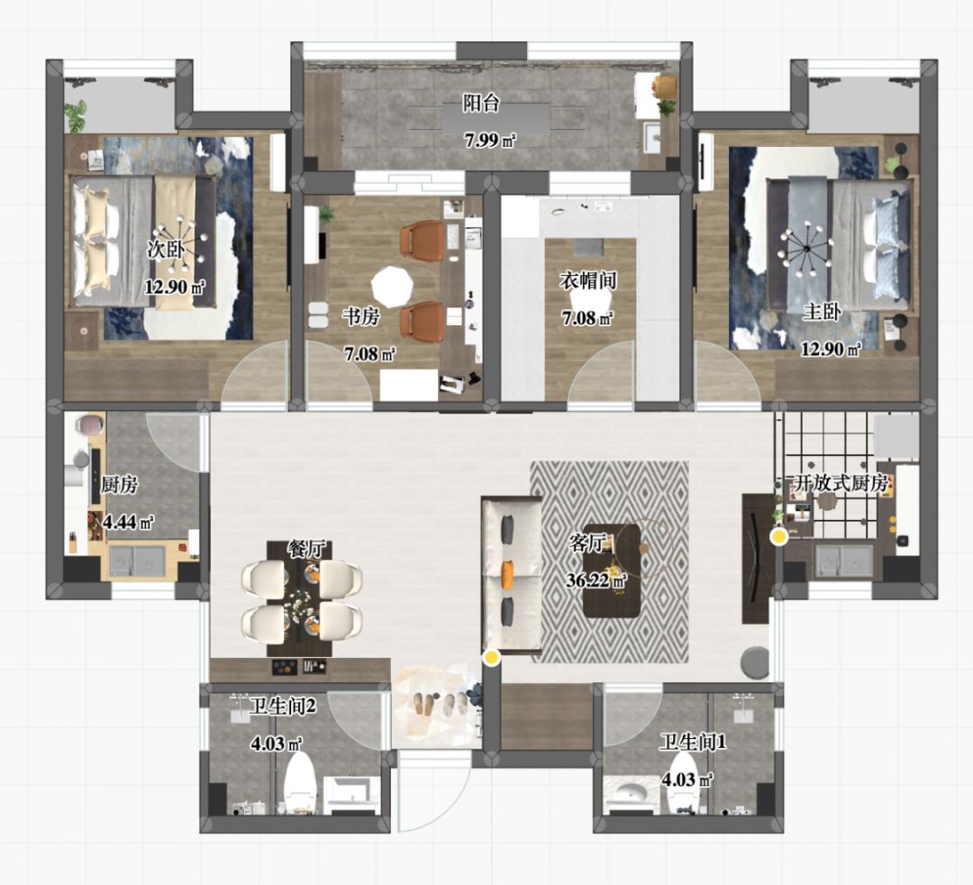 劉萍萍_花崗鴻福城132㎡現(xiàn)代簡約風(fēng)格_兩套小戶型打通變大宅，中西雙廚房+衣帽間打造品質(zhì)生活！01彩平圖