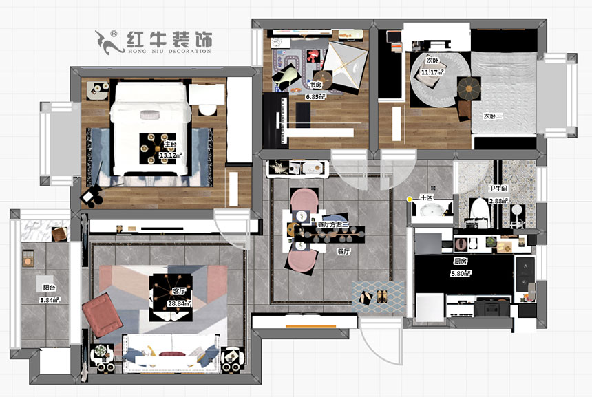 朱明琪_雙和園15-1-702-95㎡-簡美風(fēng)格_3室2廳1衛(wèi)(老房裝修)_成品家¥128088_全包13萬00_03彩平圖