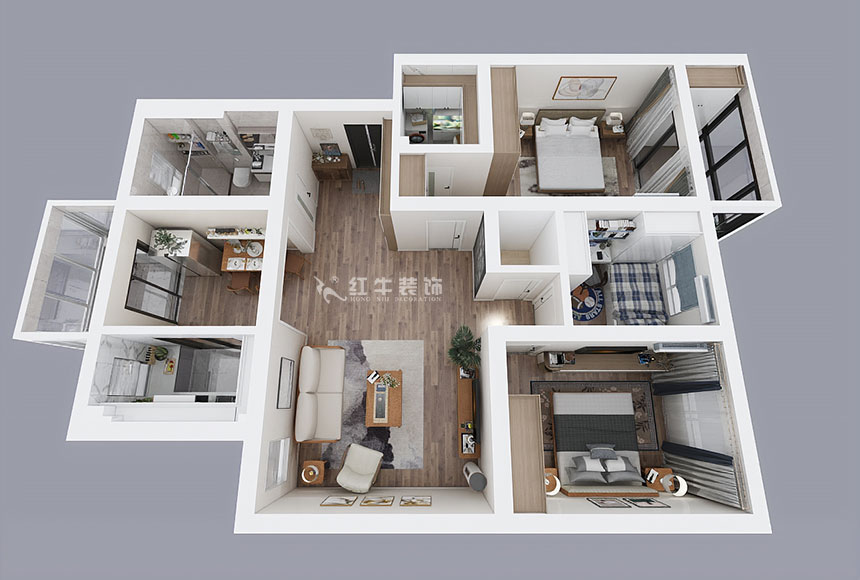 蔣琛_時代雅居21-502-130㎡-現(xiàn)代簡約風格_3室2廳2衛(wèi)(老房裝修)_定制家¥150011_全包15萬00_04鳥瞰圖