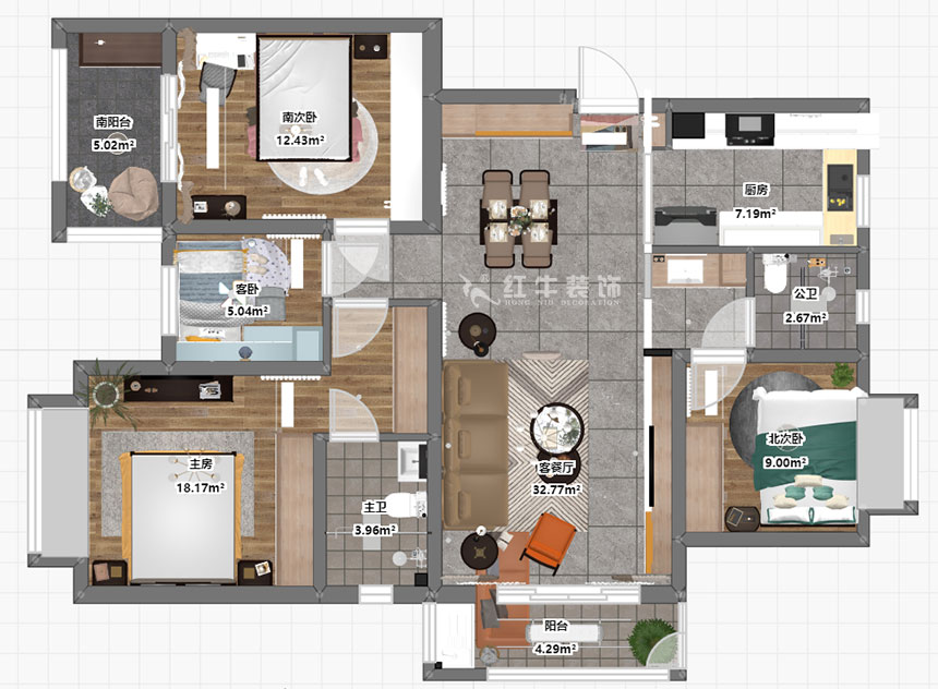 蔣?。薪诲\蘭薈-130㎡-現(xiàn)代簡(jiǎn)約風(fēng)格｜4室2廳2衛(wèi)｜新房裝修｜定制家￥165462｜全包17萬｜00_03彩平圖