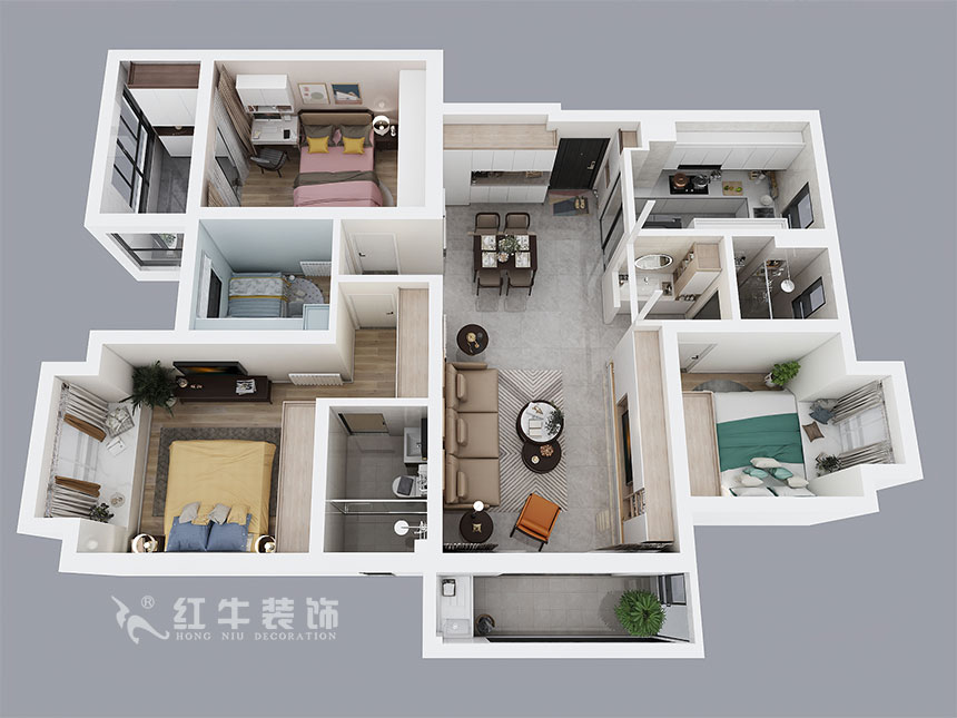 蔣?。薪诲\蘭薈-130㎡-現(xiàn)代簡(jiǎn)約風(fēng)格｜4室2廳2衛(wèi)｜新房裝修｜定制家￥165462｜全包17萬｜00_04鳥瞰圖