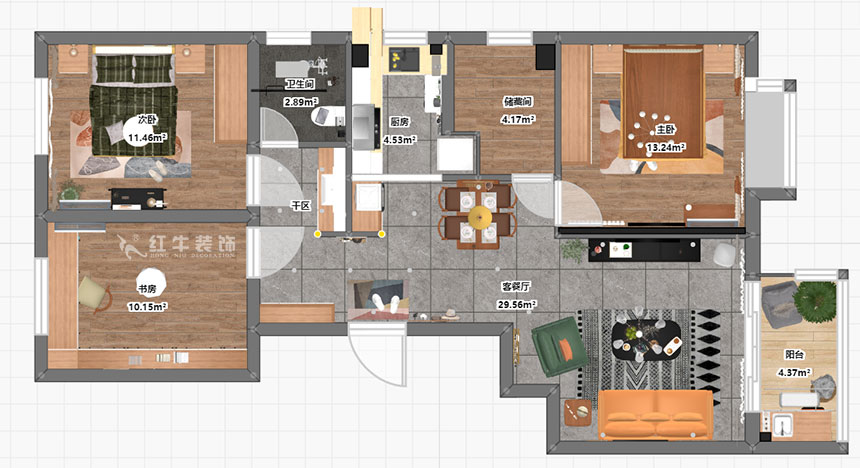 賈庭|中垠紫金觀邸4-1-901-105㎡-北歐風(fēng)格|3室2廳2衛(wèi)|新房裝修|定制家¥133000|全包13