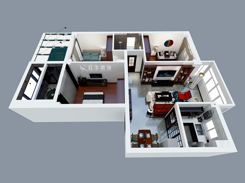 張智猿｜紅山山莊8-204-100㎡-簡(jiǎn)中風(fēng)格｜3室1廳1衛(wèi)｜老房裝修｜定制家￥153700｜全包15萬(wàn)｜00_04鳥(niǎo)瞰圖