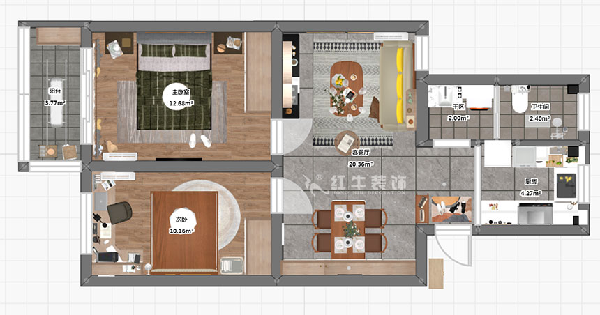 孟憲濤|雨花村12-606-70㎡-現(xiàn)代風(fēng)格|2室1廳1衛(wèi)|二手房裝修|成品家¥91000|全包9萬|00_03彩平圖