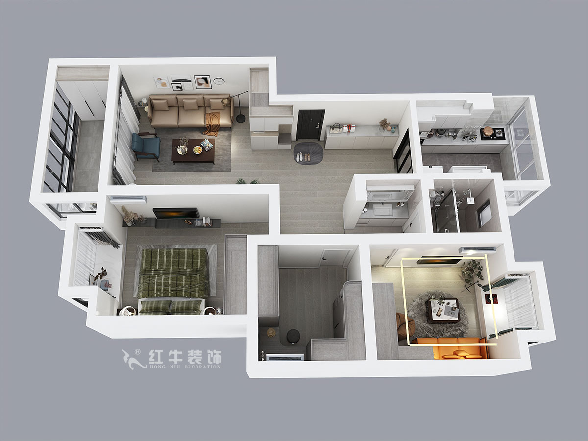 蔣?。趟铺?-3-401-106㎡-現(xiàn)代簡約風(fēng)格｜3室2廳1衛(wèi)｜新房裝修｜成品家￥152999｜全包15萬｜00_04鳥瞰圖
