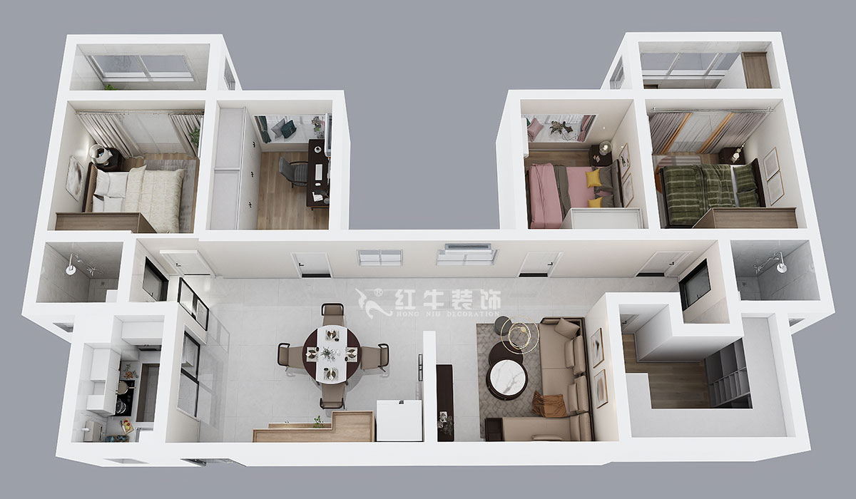 吳波|楓霞雅苑9-203-131㎡-現(xiàn)代風(fēng)格|4室2廳2衛(wèi)|新房裝修|定制家¥126398|全包13萬|00_04鳥瞰圖