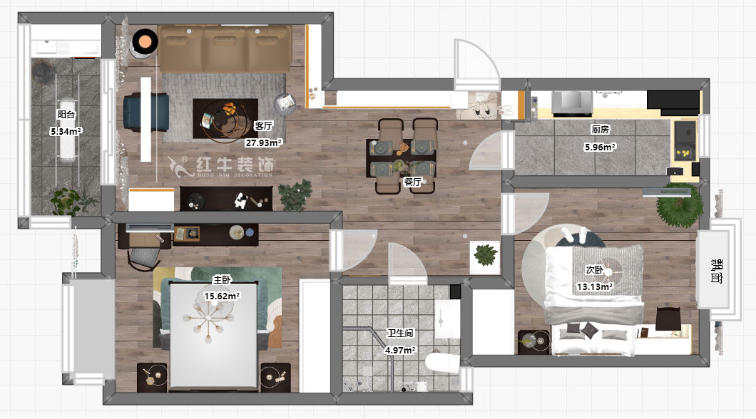 蔣?。鸹涑?-203-90㎡-現(xiàn)代簡約風格｜2室2廳1衛(wèi)｜舊房裝修｜定制家￥121293｜全包12萬｜00_03彩平圖