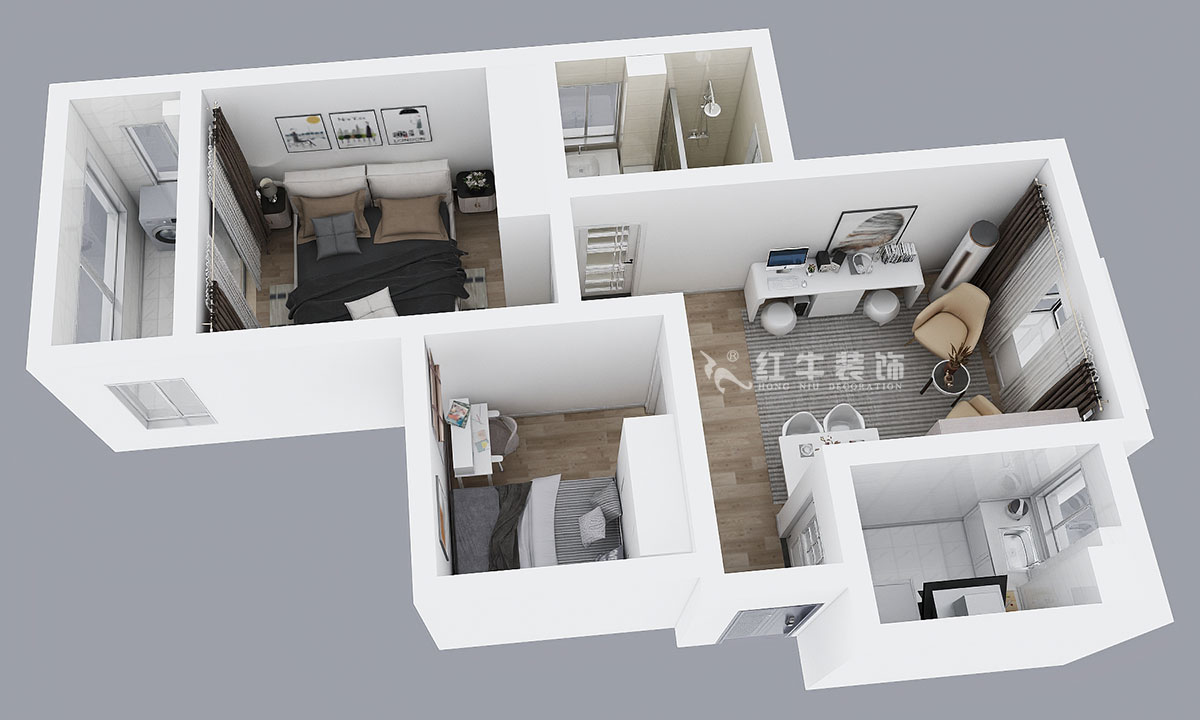 朱彥|銀龍景苑2-3-712-66㎡-簡約風(fēng)格|2室1廳1衛(wèi)|定制家¥87680|全包9萬|00_04俯視圖