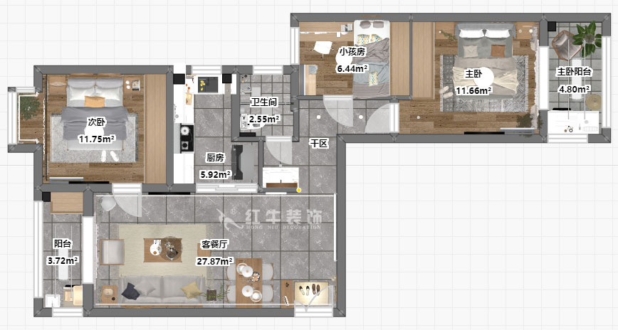 仇美蓉｜御道嘉庭1-1-801-90㎡-簡約風(fēng)格｜2室2廳1衛(wèi)｜新房裝修｜定制家￥112797｜全包11萬｜00_03彩平圖