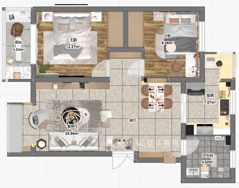 孟憲濤|幸福美地12-2-404-85㎡-簡約風格|2室2廳2衛(wèi)|老房裝修|定制家¥109000|全包12萬|00_03彩平圖