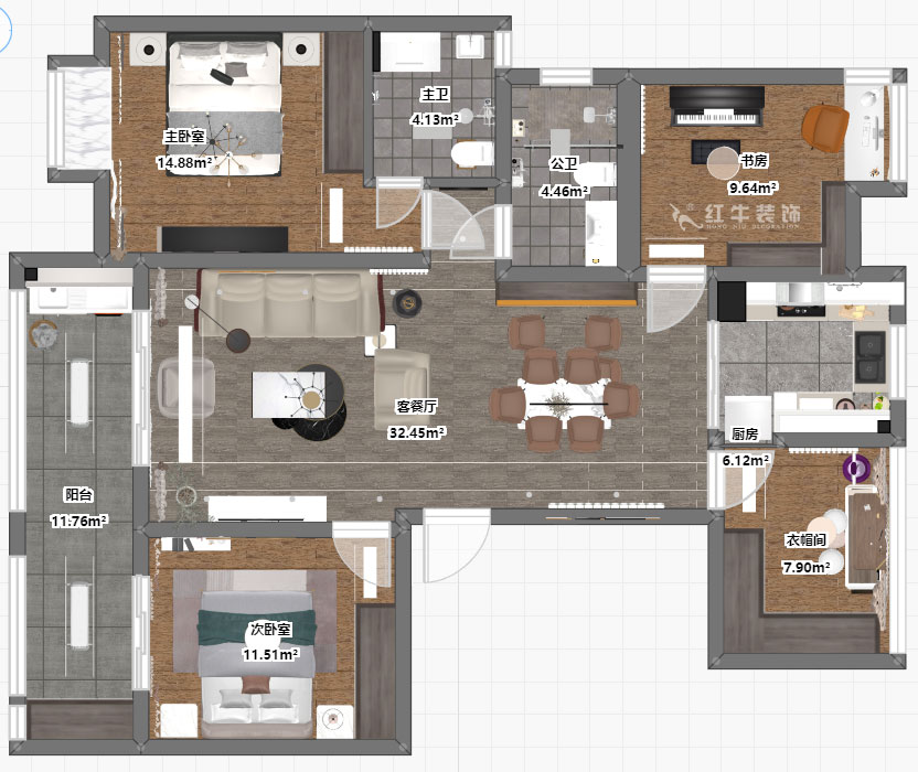 劉小勇|復(fù)地新都國(guó)際公寓-三期20-2-1202-130㎡-現(xiàn)代簡(jiǎn)約風(fēng)格|4室2廳2衛(wèi)|二手房裝修|定制家¥142400|全包15