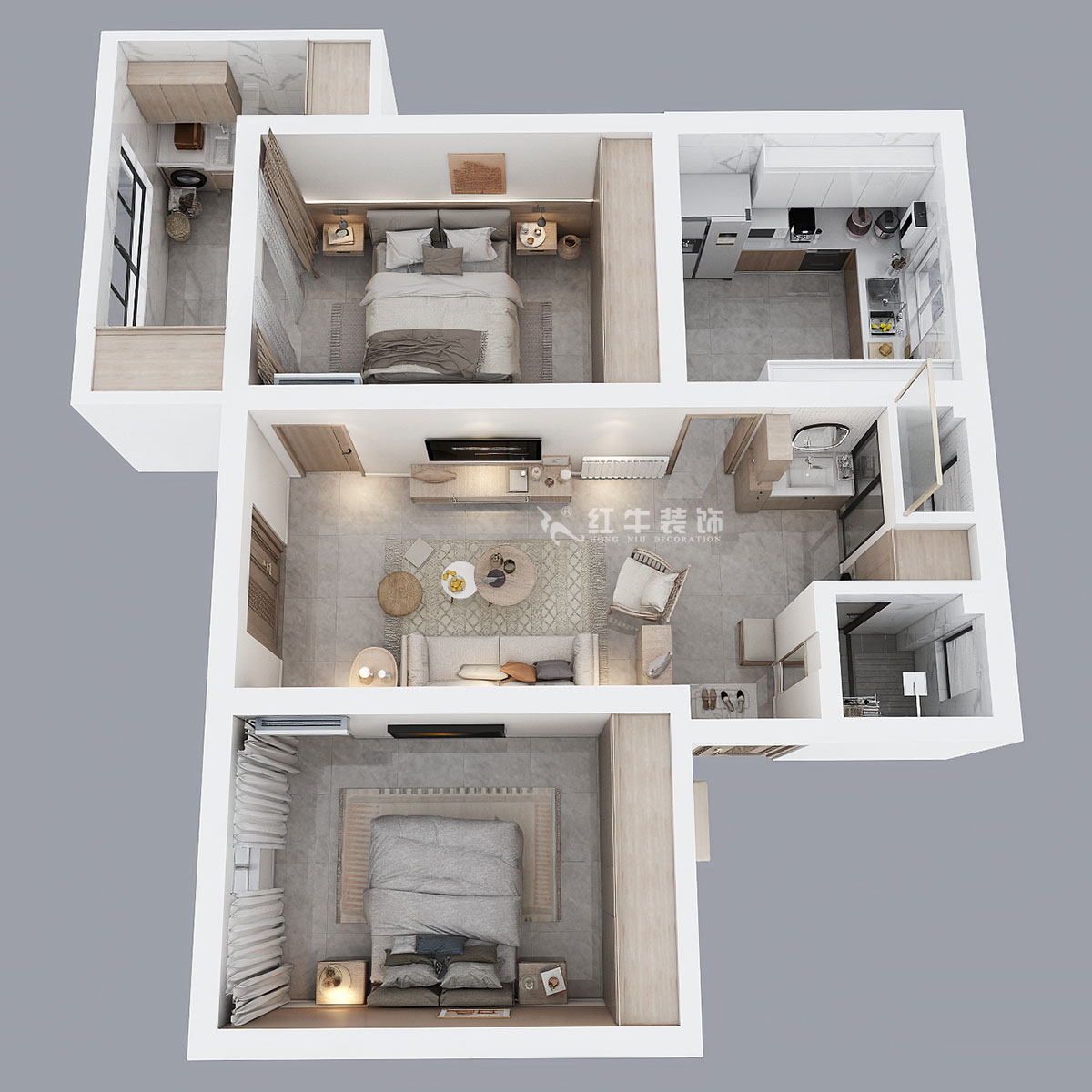 朱明琪|有福家苑34-104-82㎡-現(xiàn)代簡約原木風(fēng)格|2室2廳1衛(wèi)|老房裝修|定制家¥131000|全包14萬|00_04鳥瞰圖