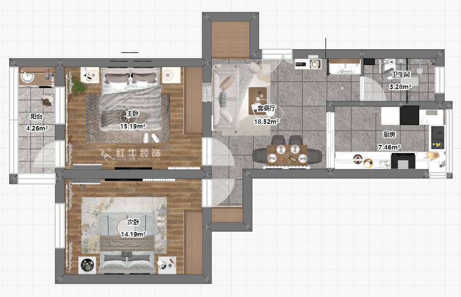 蔣?。蔡┐?1-401-80㎡-現(xiàn)代簡約風(fēng)格｜2室1廳1衛(wèi)｜舊房裝修｜定制家￥126767｜全包12萬｜00_03平面彩圖