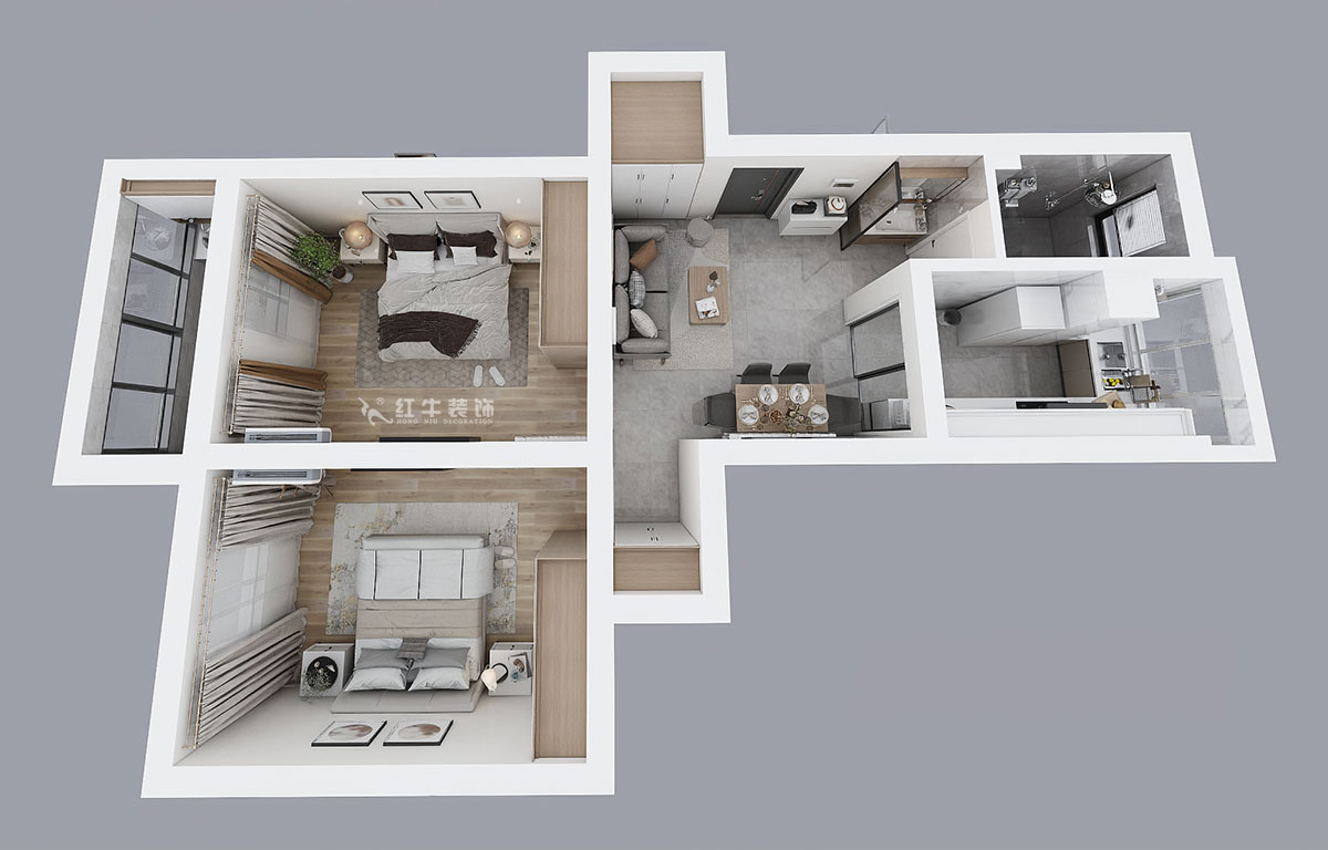 蔣?。蔡┐?1-401-80㎡-現(xiàn)代簡約風(fēng)格｜2室1廳1衛(wèi)｜舊房裝修｜定制家￥126767｜全包12萬｜00_04鳥瞰圖