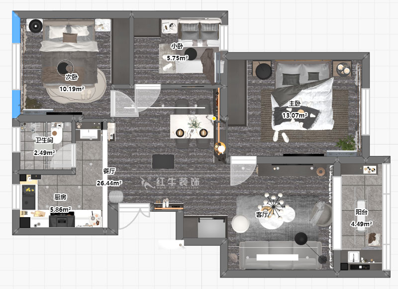 孟憲濤|盤城新居43-2-1103-90㎡-簡約風(fēng)格|3室2廳1衛(wèi)|新房裝修|定制家¥113156|全包12萬|00_03平面彩圖