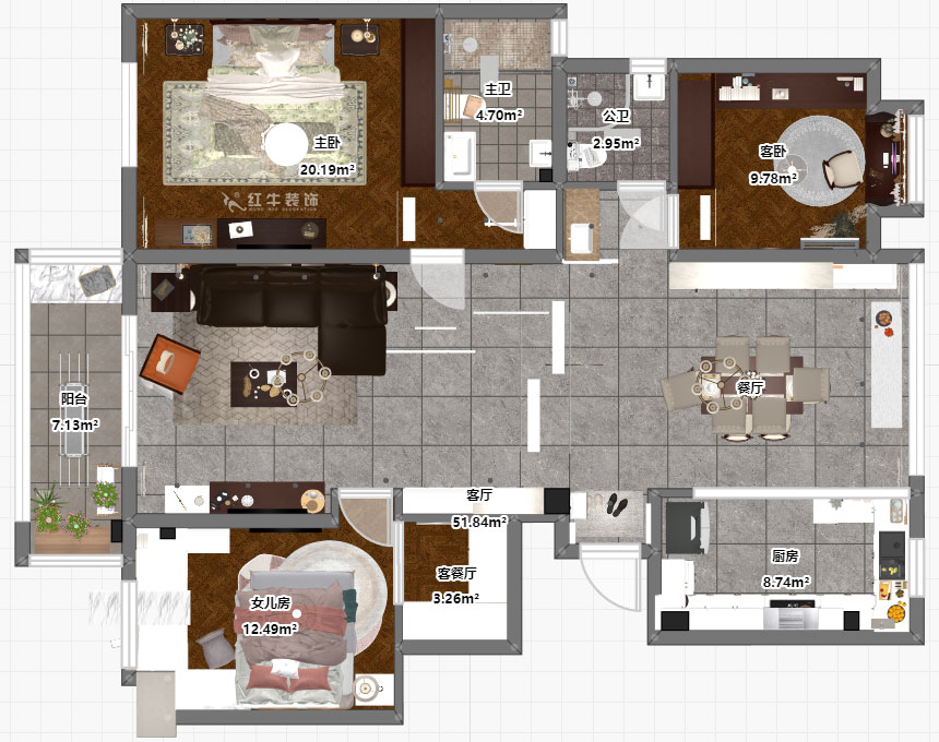 魏明花|華府國際8-4-607-142㎡-現(xiàn)代簡約風(fēng)格|3室2廳2衛(wèi)|毛坯房裝修|定制家¥210681|全包21萬|00_03平面彩圖