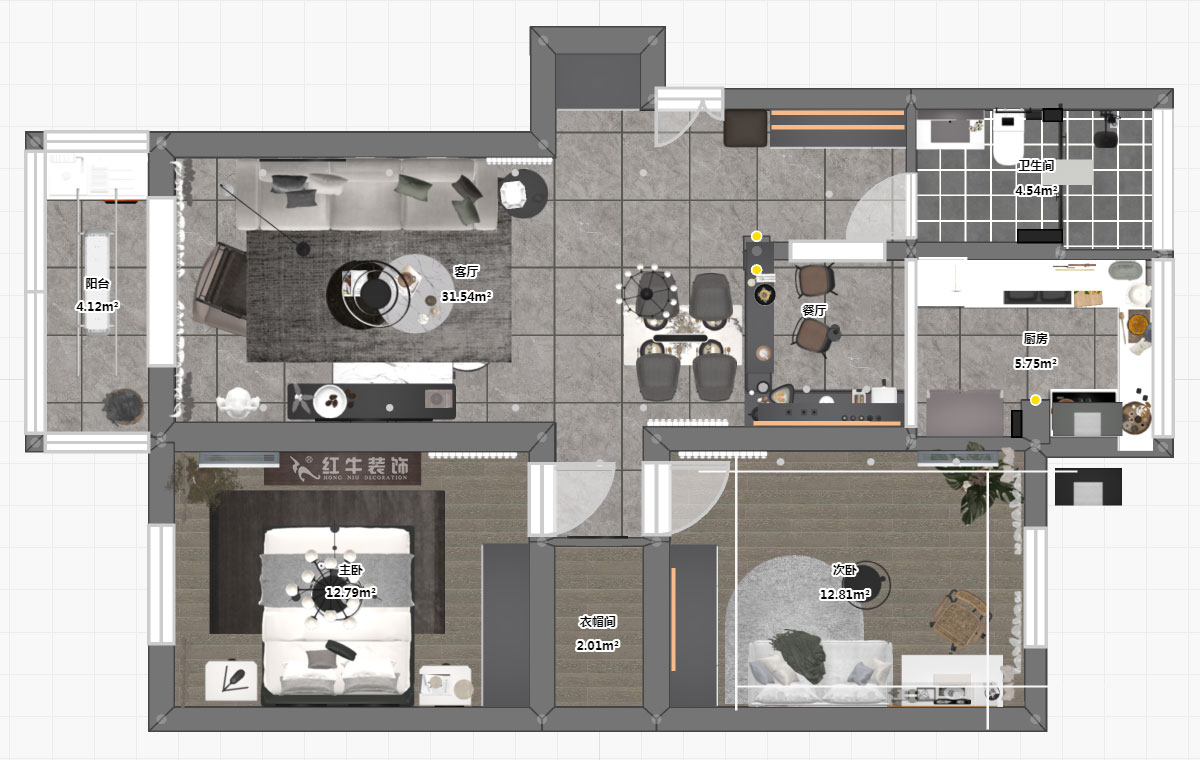 蔣?。旄@43-401-90㎡-現(xiàn)代簡約風(fēng)格｜2室1廳1衛(wèi)｜舊房裝修｜定制家￥122757｜全包12萬｜00_03平面彩圖