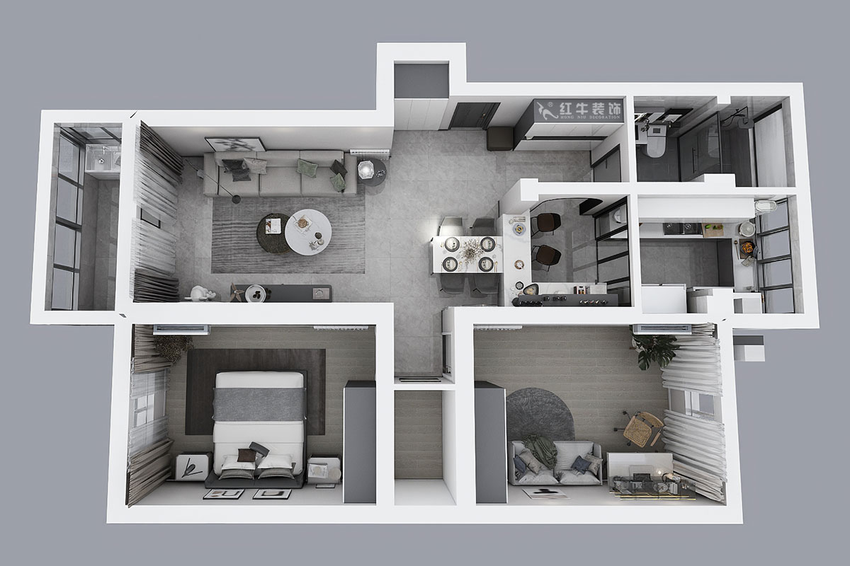 蔣?。旄@43-401-90㎡-現(xiàn)代簡約風(fēng)格｜2室1廳1衛(wèi)｜舊房裝修｜定制家￥122757｜全包12萬｜00_04鳥瞰圖