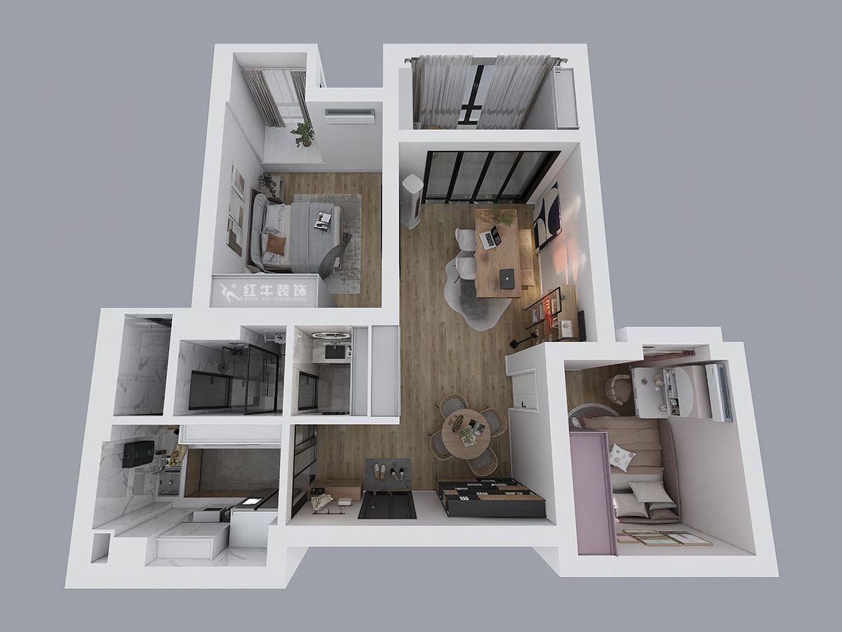 仇美蓉｜金陵灣南區(qū)1-3-502-99㎡-簡(jiǎn)約風(fēng)格｜2室2廳1衛(wèi)｜新房裝修｜定制家｜全包12萬｜00_04鳥瞰圖