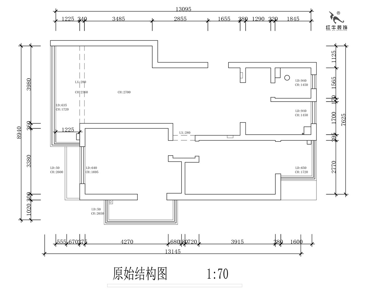 蔣?。霄沃腥A廣場11-601-110㎡-現(xiàn)代簡約風(fēng)格｜2室2廳1衛(wèi)｜舊房裝修｜定制家￥140400｜全包15萬｜00_01原始結(jié)構(gòu)圖