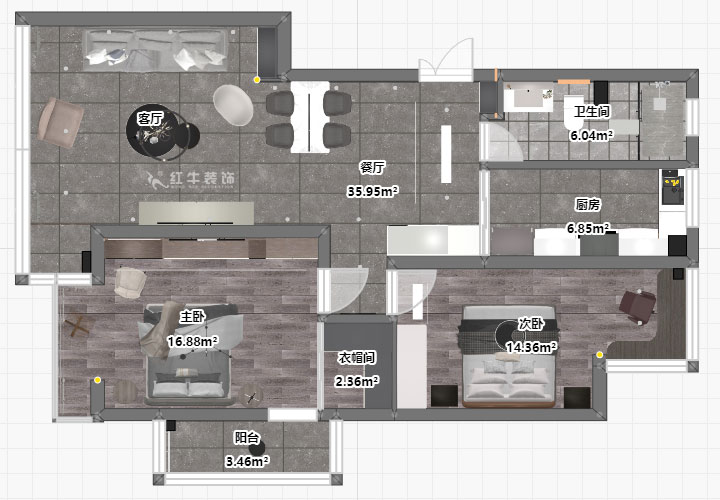 蔣?。霄沃腥A廣場11-601-110㎡-現(xiàn)代簡約風(fēng)格｜2室2廳1衛(wèi)｜舊房裝修｜定制家￥140400｜全包15萬｜00_03平面彩圖