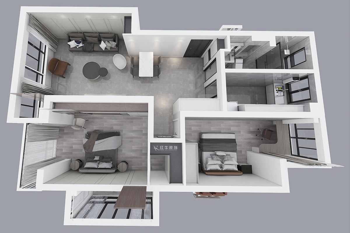 蔣琛｜紫鑫中華廣場11-601-110㎡-現(xiàn)代簡約風(fēng)格｜2室2廳1衛(wèi)｜舊房裝修｜定制家￥140400｜全包15萬｜00_04鳥瞰圖