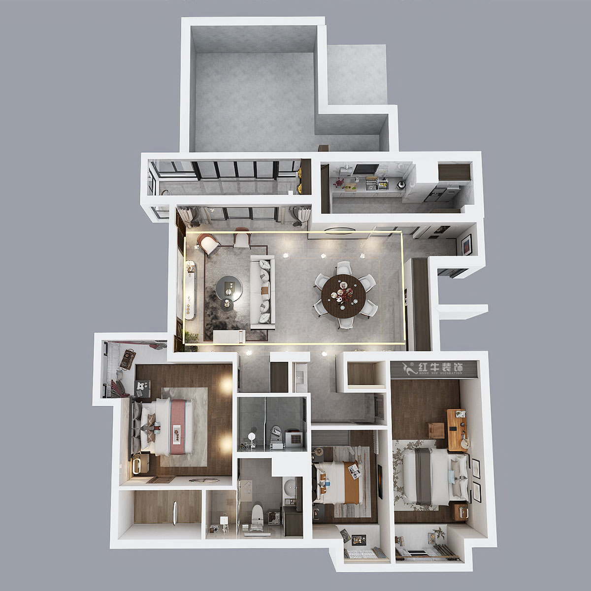 蔣?。┞∶舾?2-1-301-160㎡-中式風格｜3室2廳2衛(wèi)｜舊房裝修｜定制家｜全包22萬｜00_04鳥瞰圖