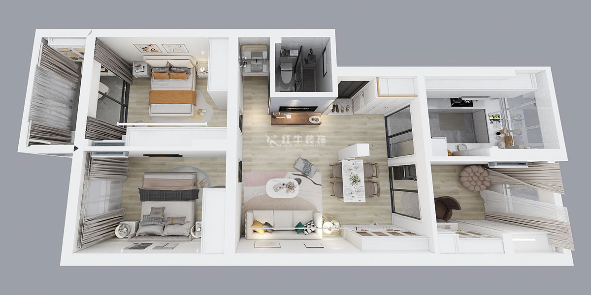 蔣?。娚缴角f24-303-90㎡-現(xiàn)代簡約風格｜3室1廳1衛(wèi)｜舊房裝修｜定制家￥120000｜全包13萬｜00_04俯視圖