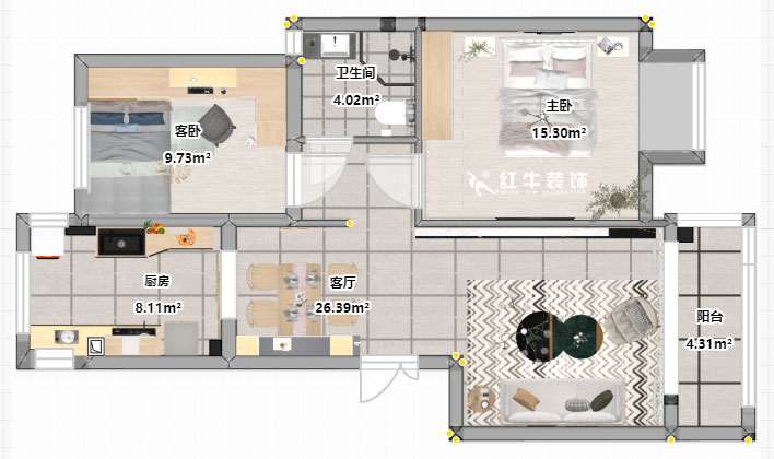 朱明琪|遠(yuǎn)拓橡樹城12-3-505-85㎡-現(xiàn)代簡約風(fēng)格|3室2廳1衛(wèi)|新房裝修|定制家¥120106|全包12萬|00_03平面彩圖