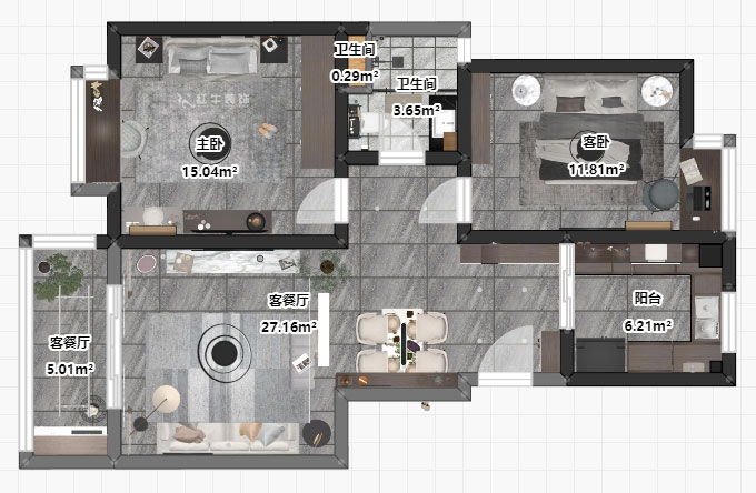 吳波|亞東國際13-105-90㎡-現(xiàn)代風(fēng)格|2室2廳2衛(wèi)|舊房裝修|定制家¥114404|全包12萬|00_03平面彩圖