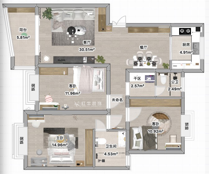 蔣?。鸶［?-405-110㎡-現(xiàn)代簡約風(fēng)格｜2室2廳2衛(wèi)｜新房裝修｜定制家｜全包15萬｜00_04平面彩圖