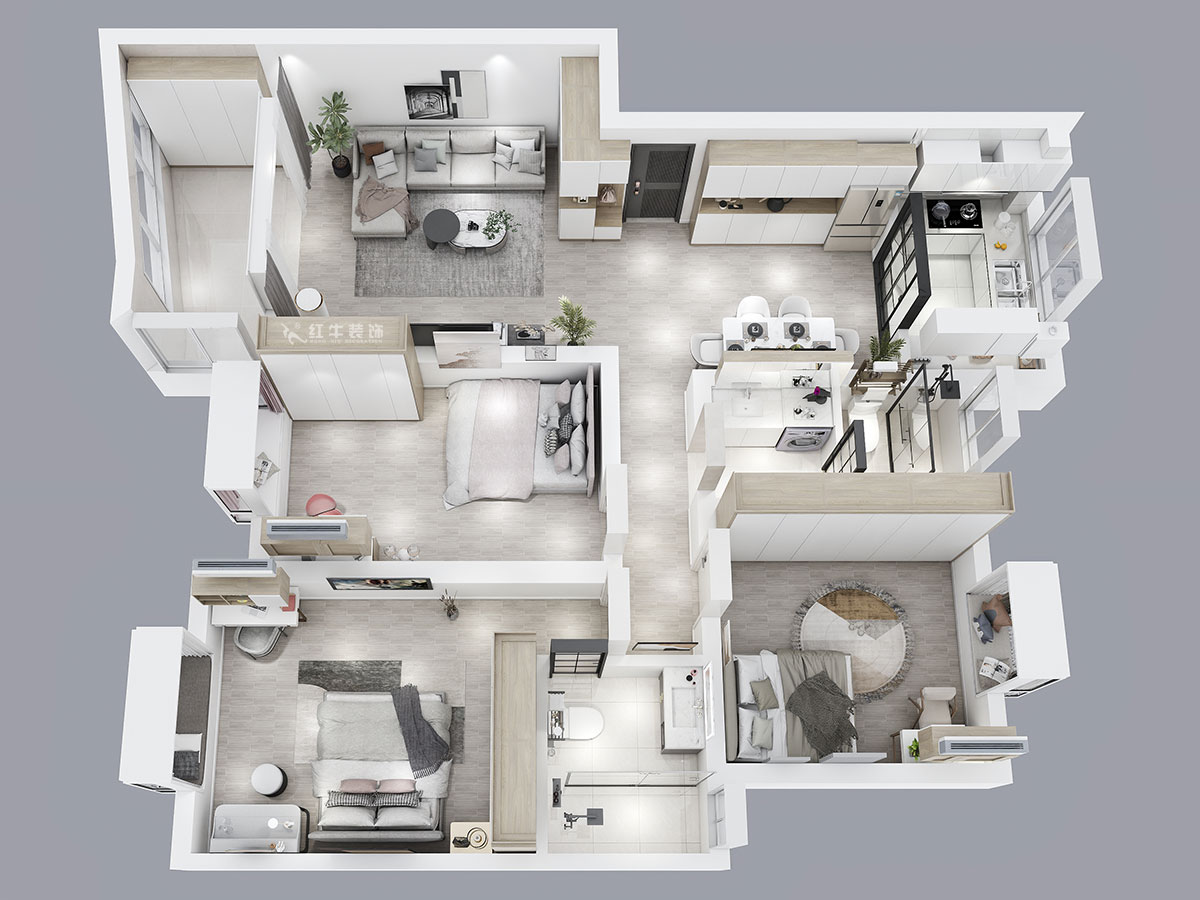 蔣?。鸶［?-405-110㎡-現(xiàn)代簡約風(fēng)格｜2室2廳2衛(wèi)｜新房裝修｜定制家｜全包15萬｜00_05鳥瞰圖