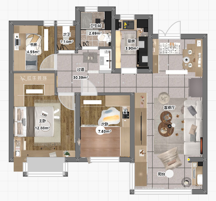 蔣?。鼕W園金基天著尚居5-1002-85㎡-現(xiàn)代簡(jiǎn)約風(fēng)格｜3室2廳1衛(wèi)｜新房裝修｜定制家｜全包12萬(wàn)｜00_04彩平面