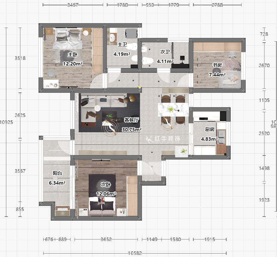 魏明花|山水云房37-1502-123㎡-現(xiàn)代簡(jiǎn)約風(fēng)格|3室2廳2衛(wèi)|毛坯房裝修|定制家|全包12萬|00_03俯視圖