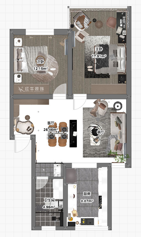 吳波|康居新寓6-602-90㎡-現(xiàn)代風(fēng)格|2室2廳2衛(wèi)|舊房裝修|定制家|全包12萬(wàn)|00_03平面彩圖