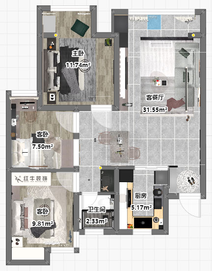 孟憲濤|旭日愛上城星島園5-203-90㎡-簡約風(fēng)格|3室1廳1衛(wèi)|老房裝修|定制家|全包14萬|00_03平面彩圖