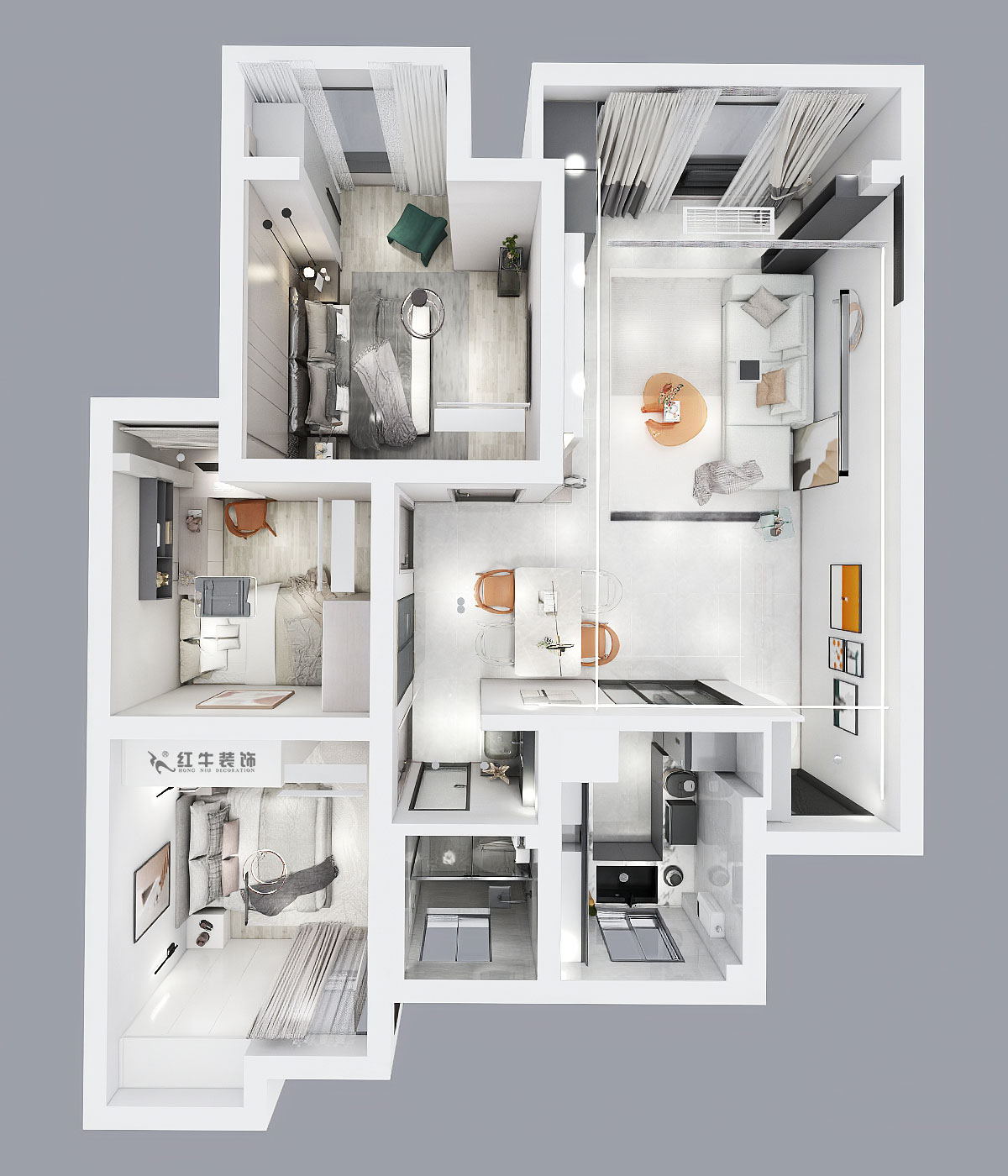 孟憲濤|旭日愛上城星島園5-203-90㎡-簡約風(fēng)格|3室1廳1衛(wèi)|老房裝修|定制家|全包14萬|00_04鳥瞰圖