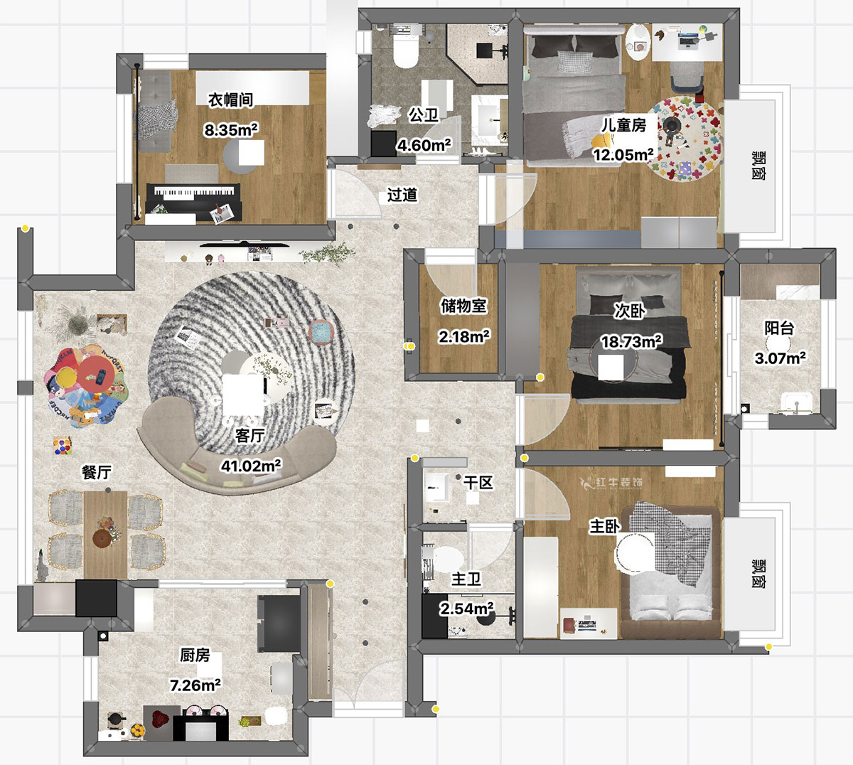 魏利利|萬達茂御湖世家二期7-1905-131㎡-現(xiàn)代簡約風格|4室2廳2衛(wèi)|毛坯房裝修|定制家|全包17萬|00_03平面彩圖