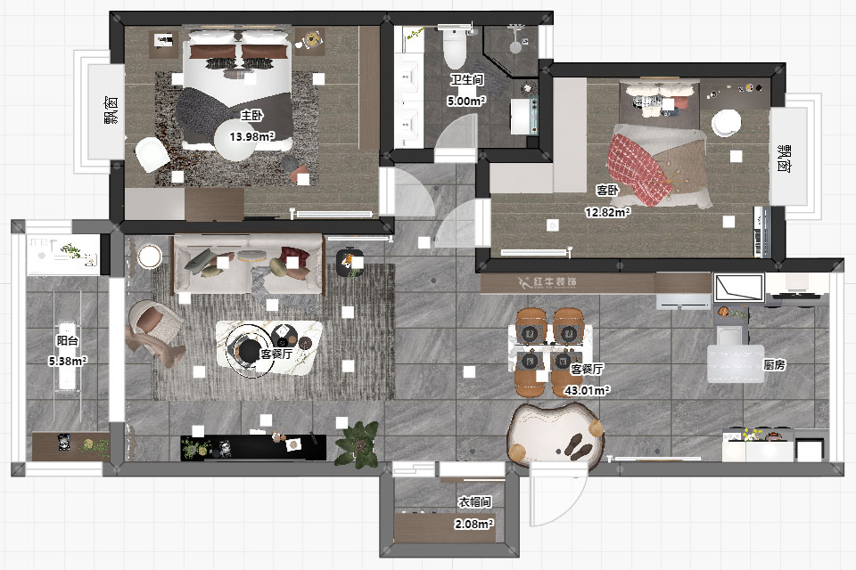 吳波|金虹花園6-304-85㎡-現(xiàn)代風格|2室2廳1衛(wèi)|舊房裝修|定制家|全包12萬|00_03平面彩圖