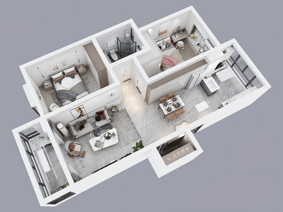 吳波|金虹花園6-304-85㎡-現(xiàn)代風格|2室2廳1衛(wèi)|舊房裝修|定制家|全包12萬|00_04鳥瞰圖