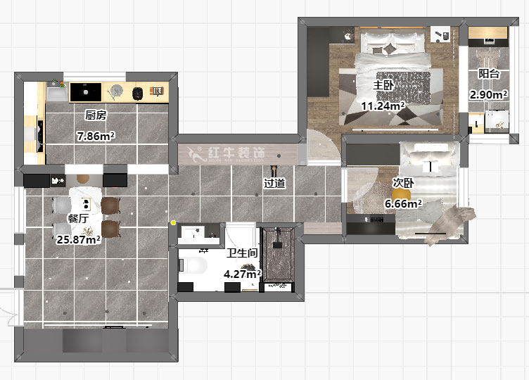蔣?。A保新寓7-912-85㎡-簡約風格｜2室1廳1衛(wèi)｜老房裝修｜定制家｜全包12萬｜00_03平面彩圖