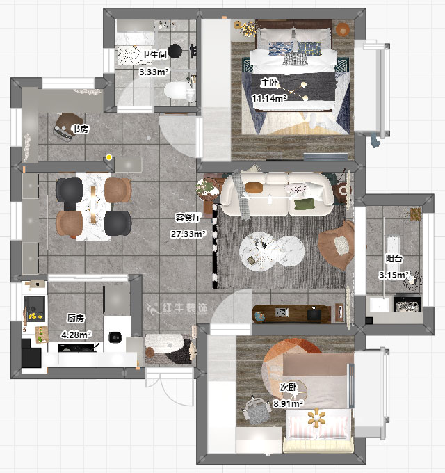 孟憲濤|云祿花園12-801-80㎡-現(xiàn)代簡約風(fēng)格|3室1廳1衛(wèi)|新房裝修|定制家|全包12萬|00_03平面彩圖