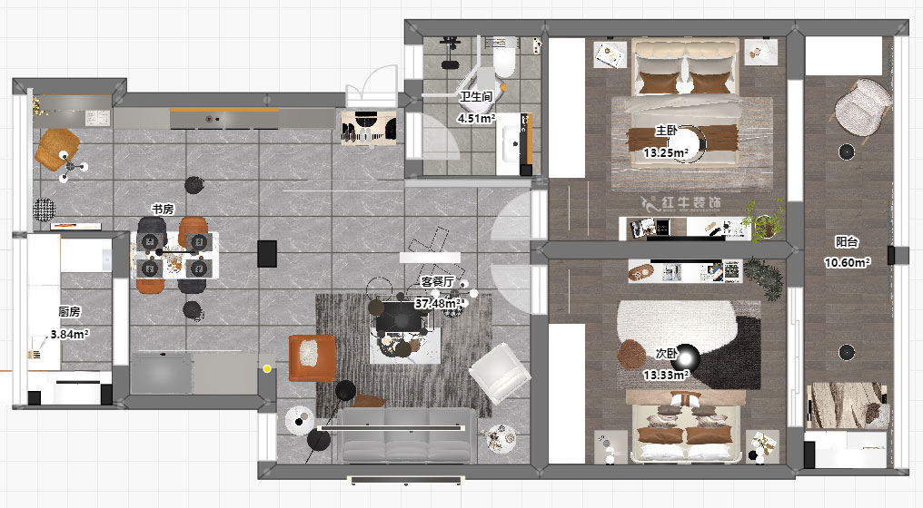 孟憲濤|估衣廊18-3-305-100㎡-簡約風格|3室2廳1衛(wèi)|老房裝修|定制家|全包14萬|00_03平面彩圖