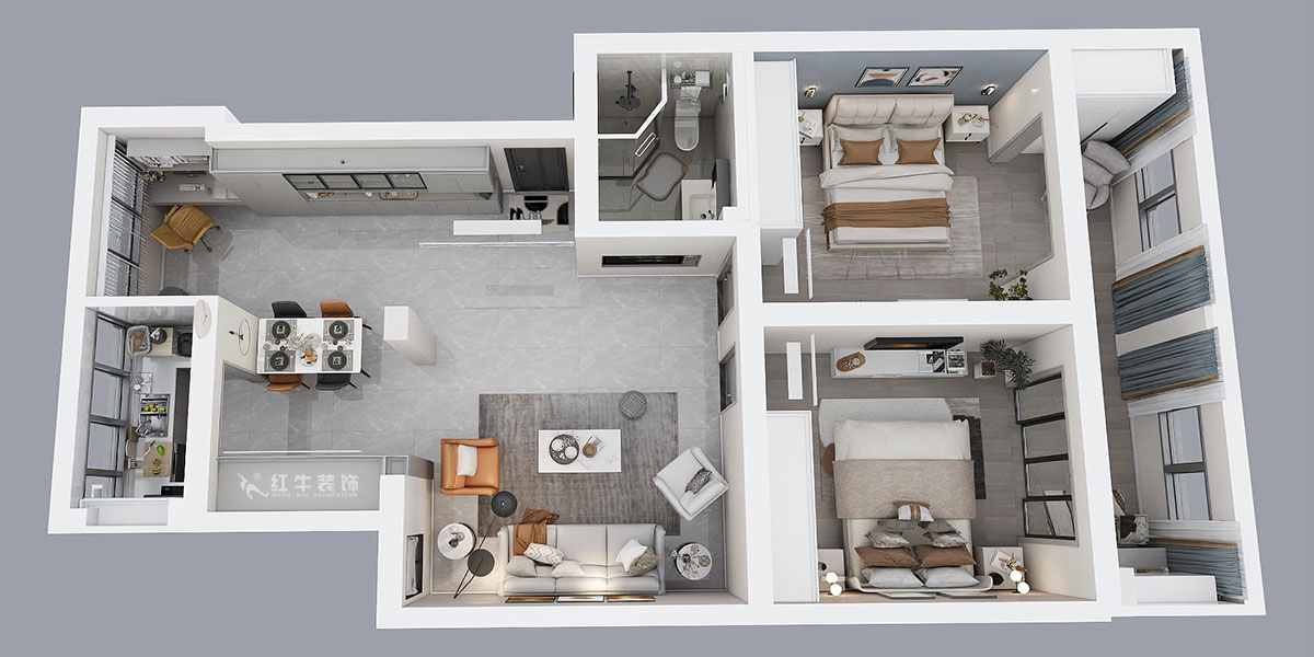 孟憲濤|估衣廊18-3-305-100㎡-簡約風格|3室2廳1衛(wèi)|老房裝修|定制家|全包14萬|00_04鳥瞰圖