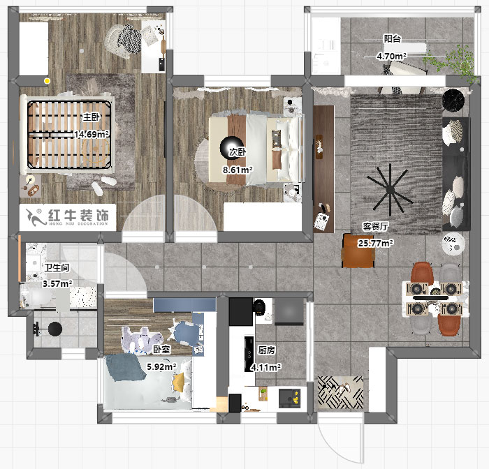 劉小勇|招商公園里1-303-88㎡-現(xiàn)代簡約風(fēng)格|3室2廳1衛(wèi)|老房裝修|定制家|全包11萬|00_03平面彩圖