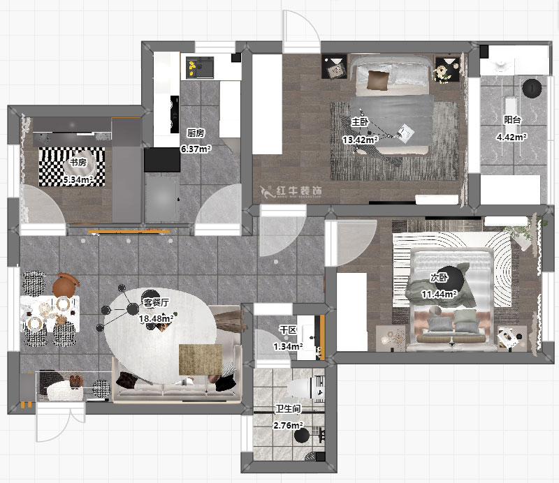 孟憲濤|花崗幸福城玉蘭園10-201-90㎡-現(xiàn)代簡約風格|3室1廳1衛(wèi)|老房裝修|定制家|全包13萬|00_03平面彩圖