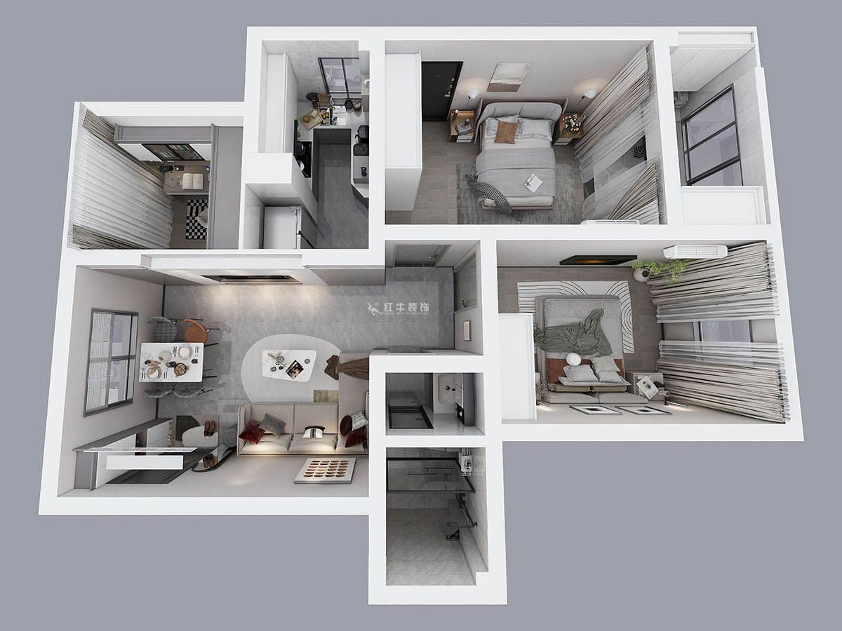 孟憲濤|花崗幸福城玉蘭園10-201-90㎡-現(xiàn)代簡約風格|3室1廳1衛(wèi)|老房裝修|定制家|全包13萬|00_04鳥瞰圖