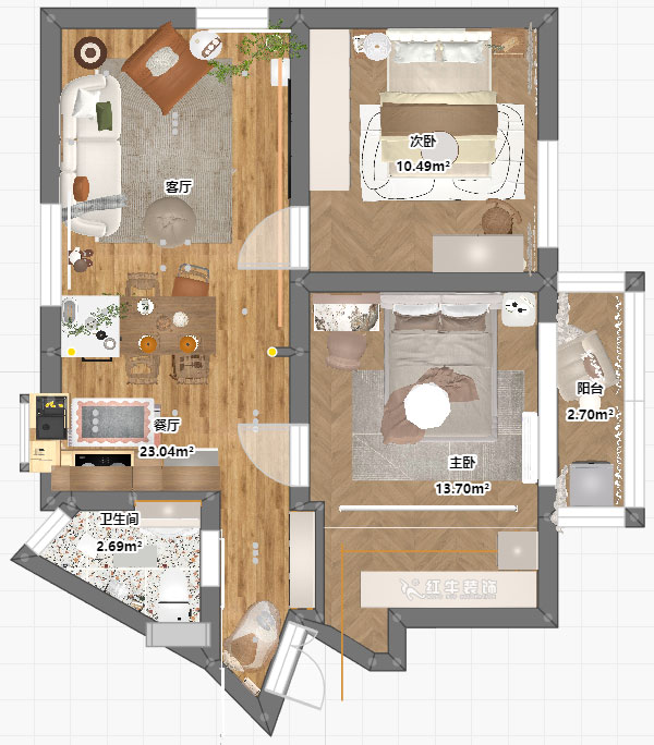 朱明琪|瑞金新村23-504-1902-69㎡-現代簡約風格|2室1廳1衛(wèi)|老房翻新|定制家|全包12萬|00_04平面彩圖