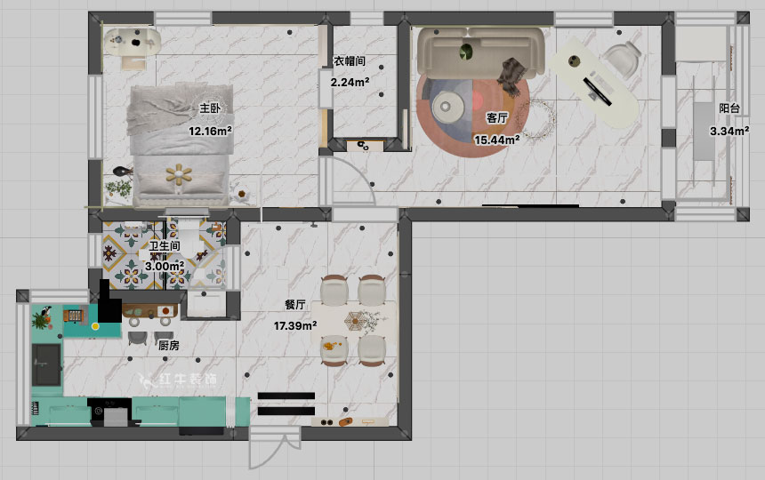 張智猿|石鼓路39號2-201-60㎡-法式奶油風(fēng)|2室2廳1衛(wèi)|老房裝修|定制家|全包13萬|00_04平面彩圖
