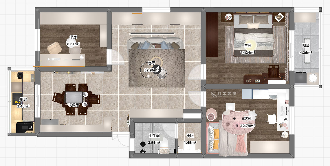 孟憲濤|牡丹里17-601-108㎡-現(xiàn)代簡約風(fēng)格|3室2廳2衛(wèi)|老房裝修|定制家|全包14萬|00_03平面彩圖